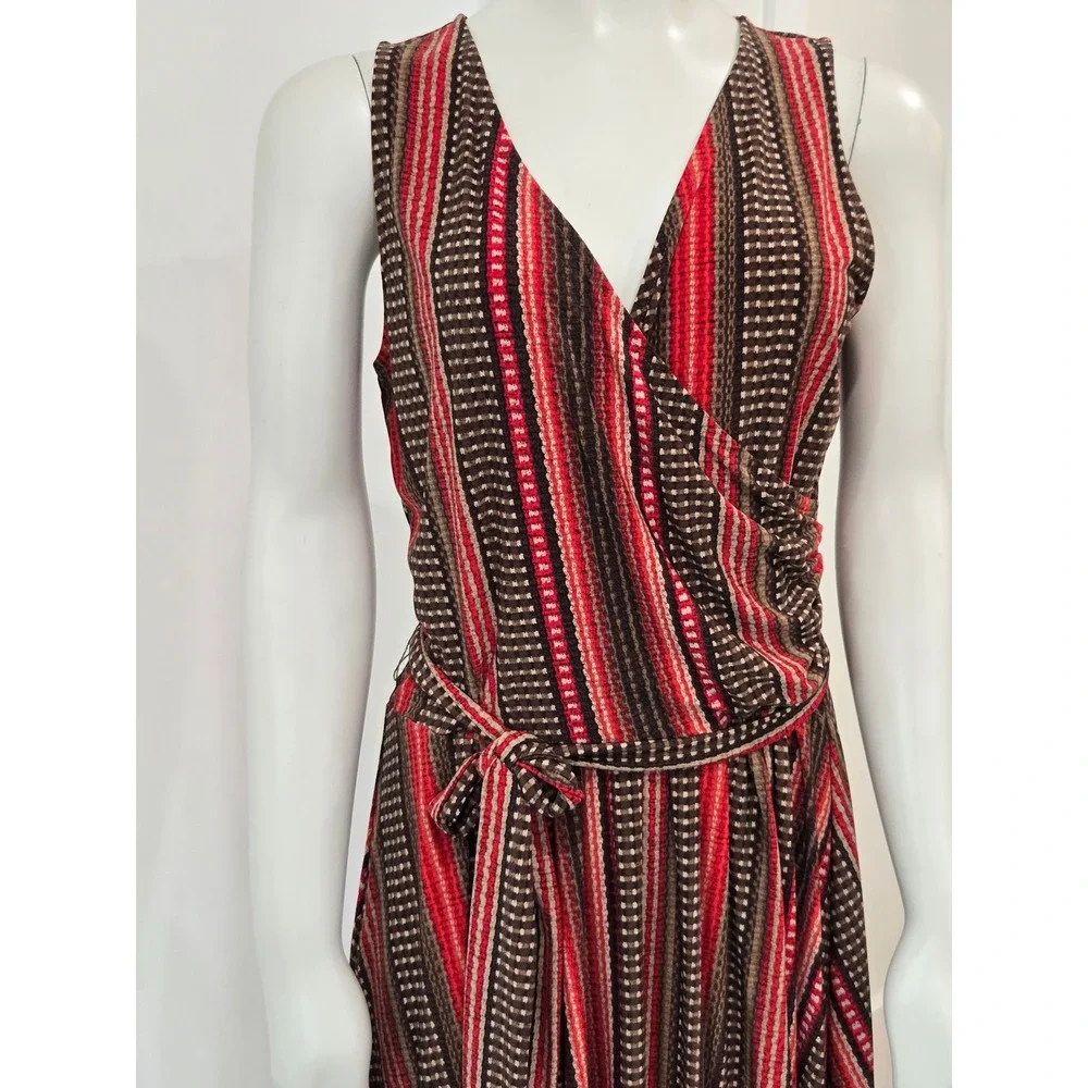 Lauren Ralph Lauren Faux Wrap Dress Medium Red Brown Striped Southwestern V Neck - Picture 2 of 8